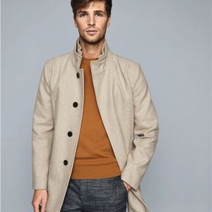 Reiss Angelo Men’s Wool-Blend Mid-Length Coat, XXL Oatmeal. Funnel Collar.